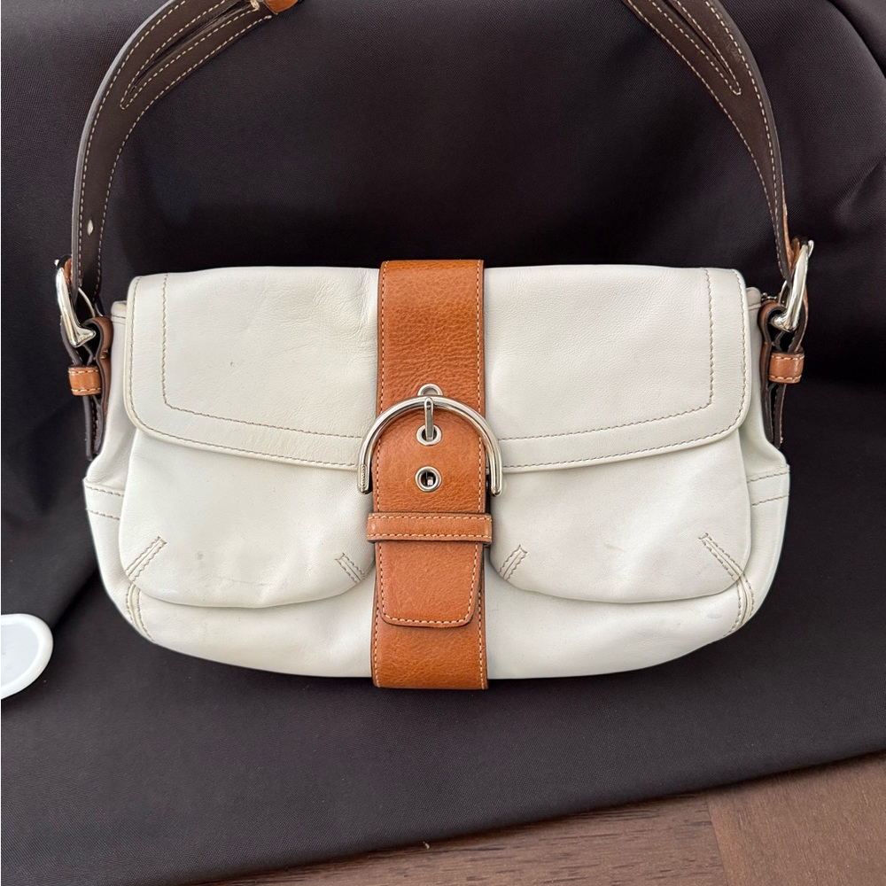 Coach White and Tan Shoulder Bag with Silver Buckle